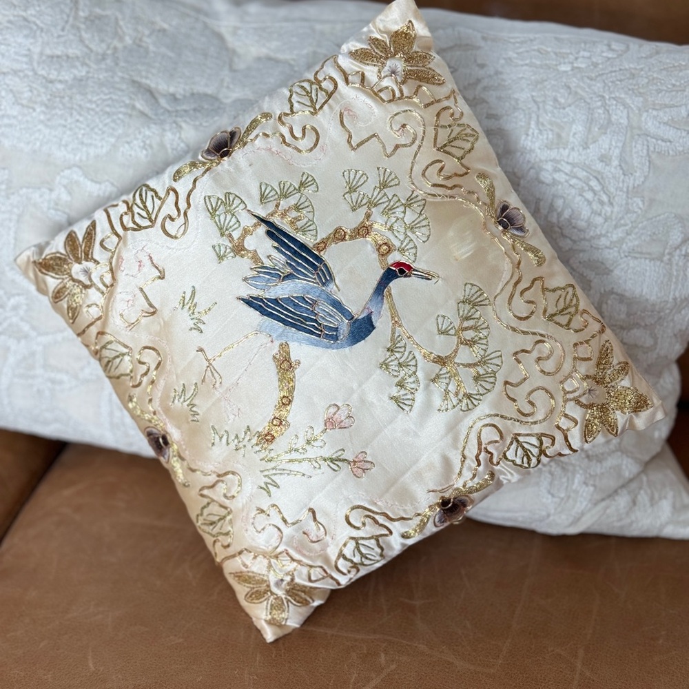 Hand Embroidered Silk Blend Pillow NEEDS TLC